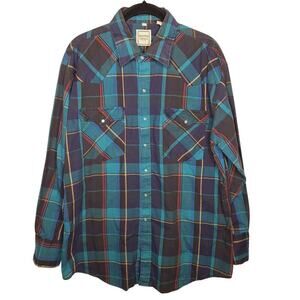 Vintage Western Plains Trading Pearl Snap Shirt Men's Large Plaid Teal Turquoise